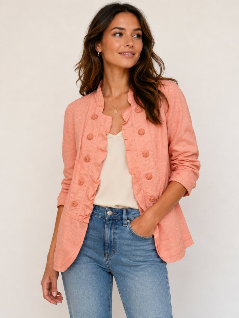 Maurices Pink Linen Blend Blazer Women’s Medium Lace Back Ruched Sleeves